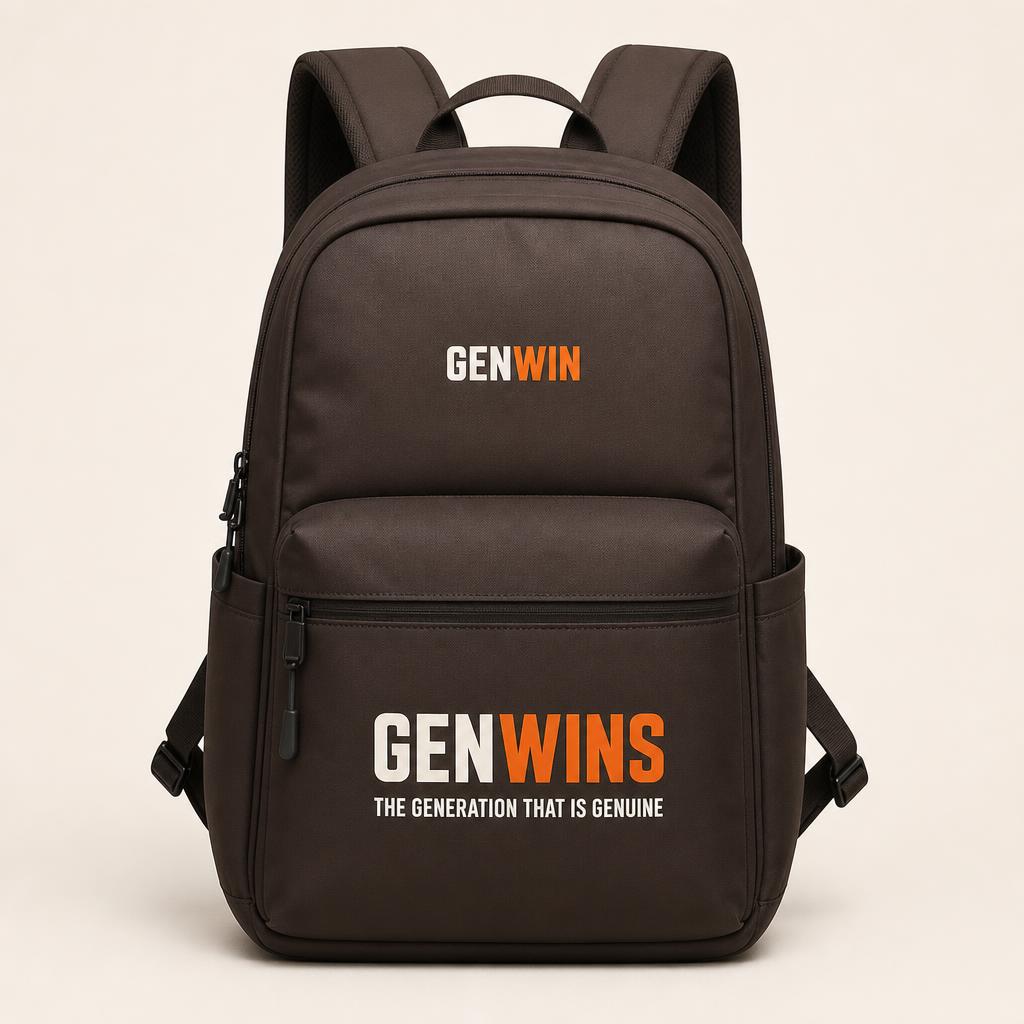 Coffee GenWin backpack printed with THE GENERATION THAT IS GENUINE