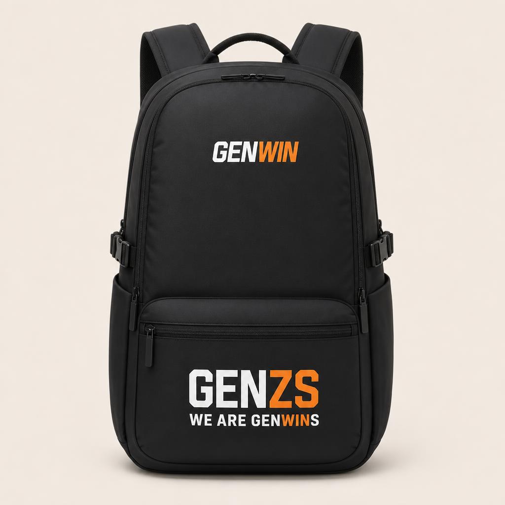 Black GenWin backpack printed with WE ARE GENWINS