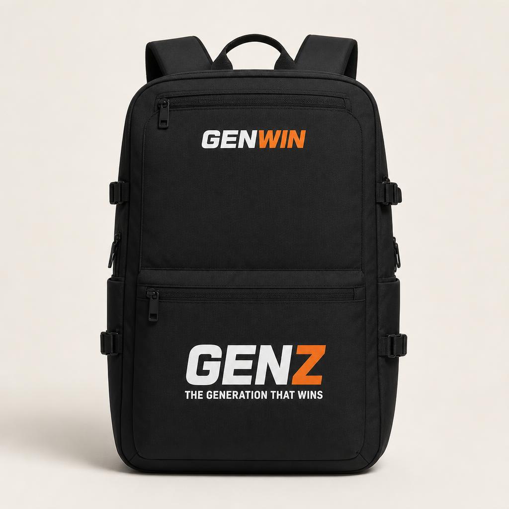 Black GenWin backpack printed with THE GENERATION THAT WINS