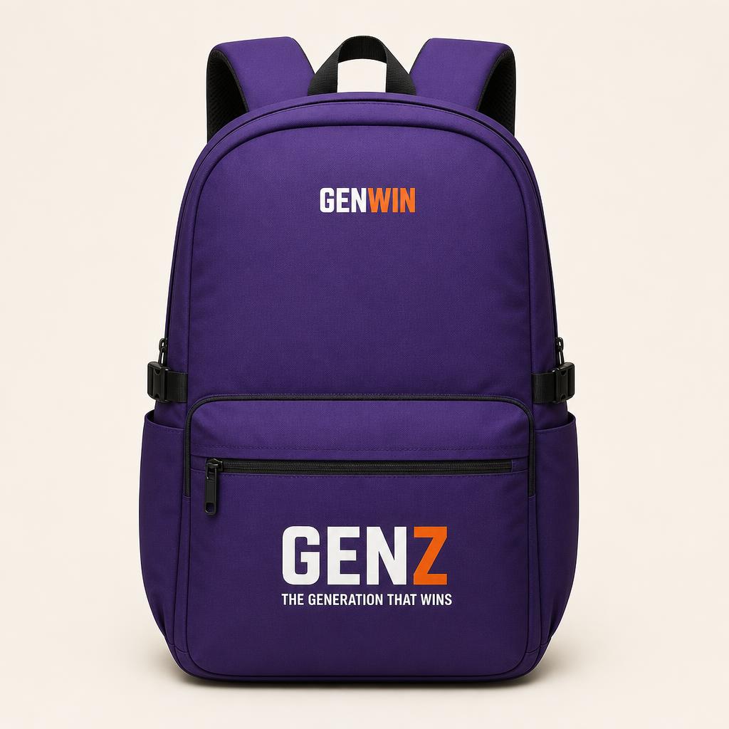 Purple GenWin backpack printed with THE GENERATION THAT WINS