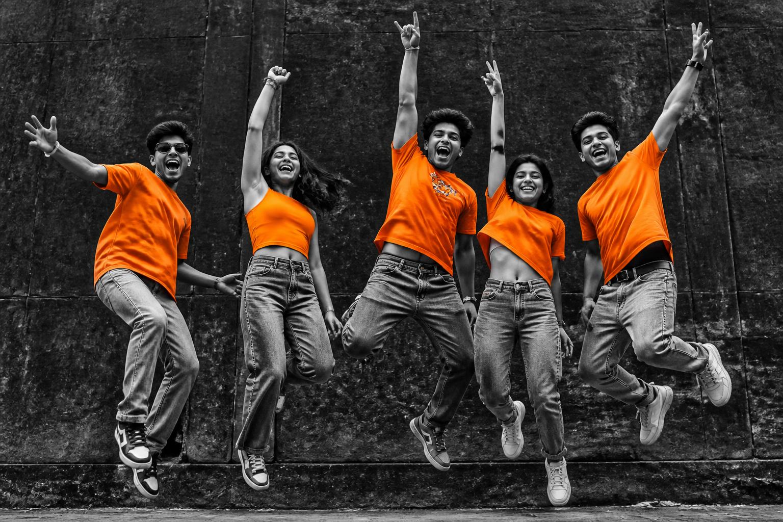 Five Gen Z friends in orange tees jumping and cheering on a street