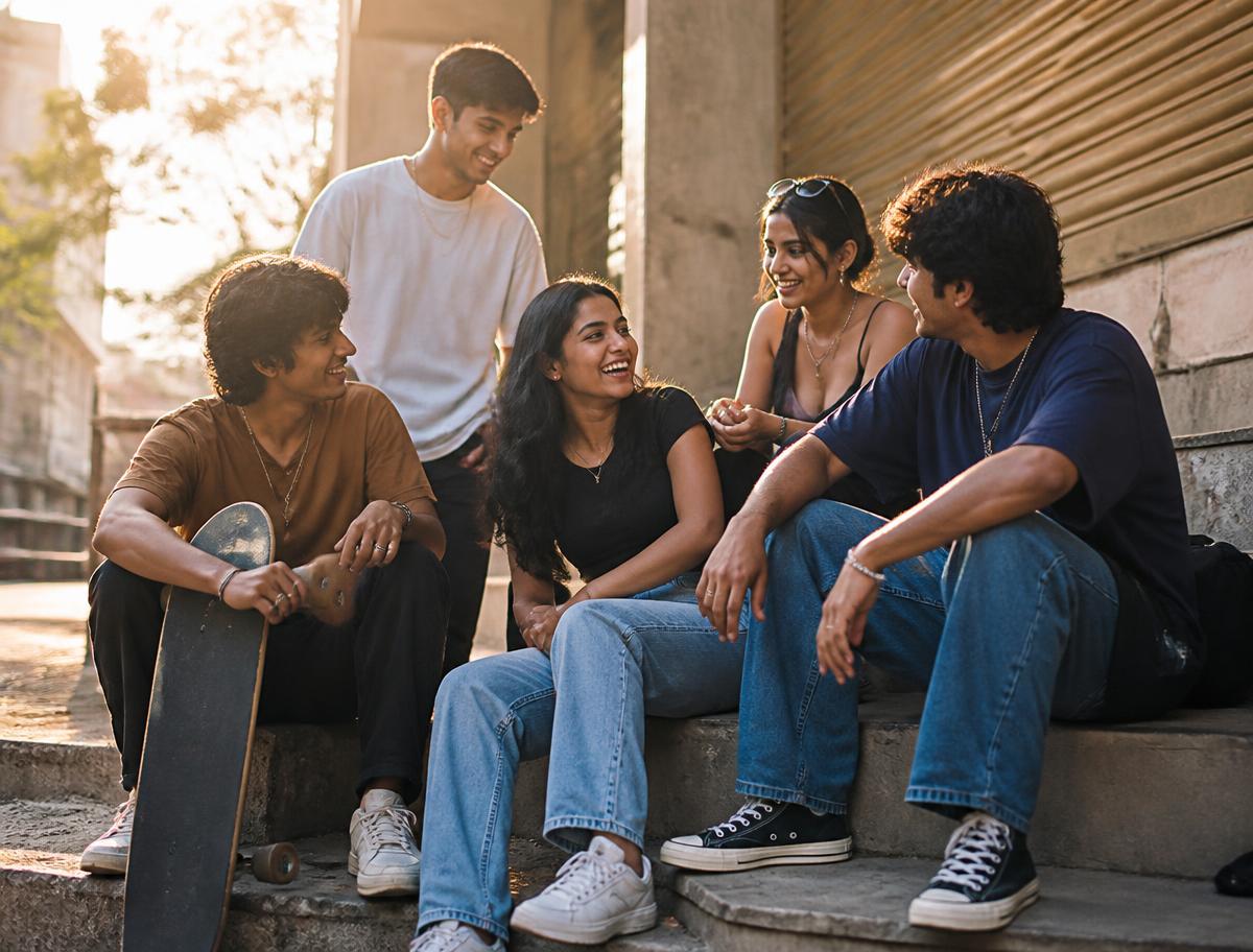 Gen Z friends sitting on street steps laughing, skateboard in hand
