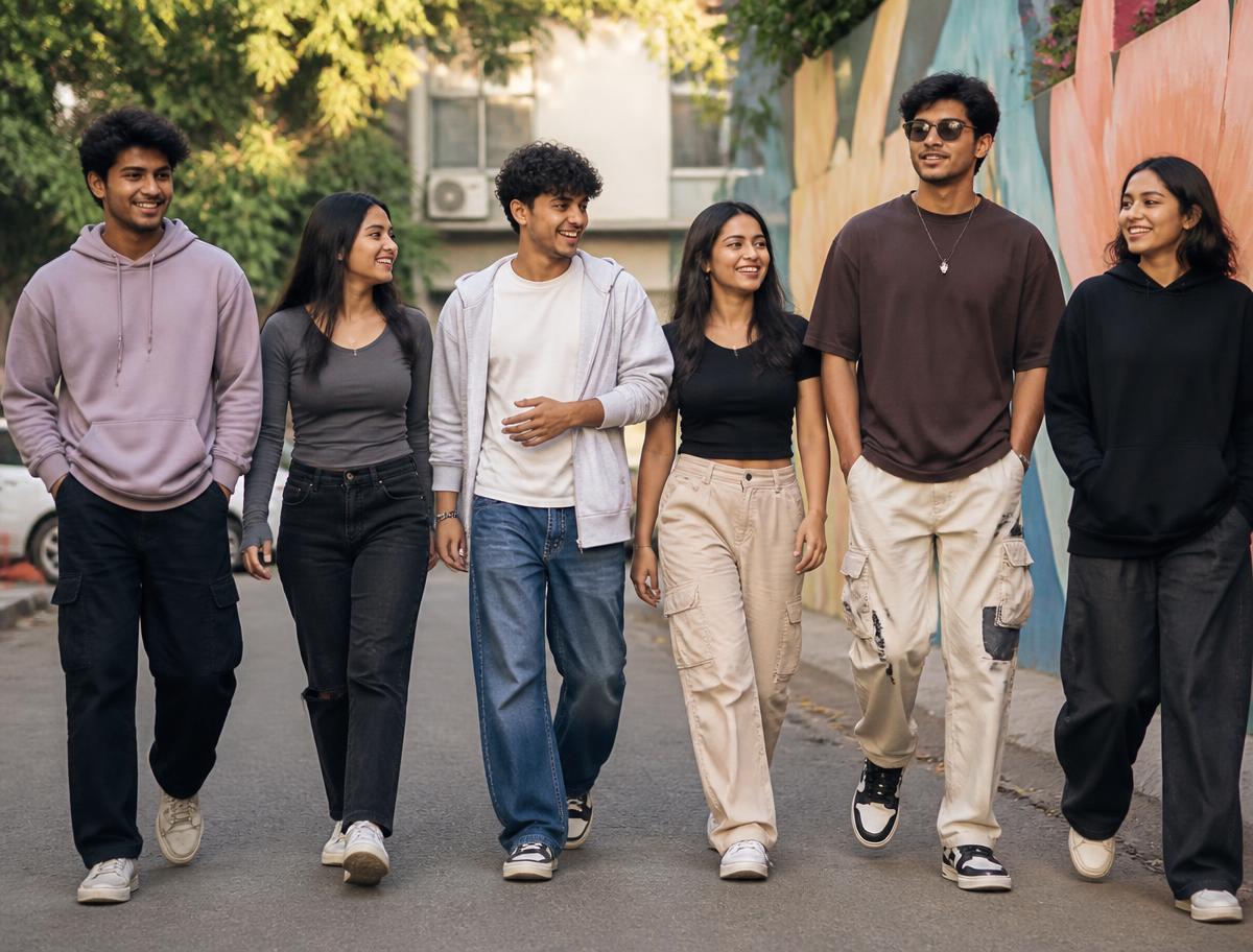Gen Z friends walking together confidently down a city street