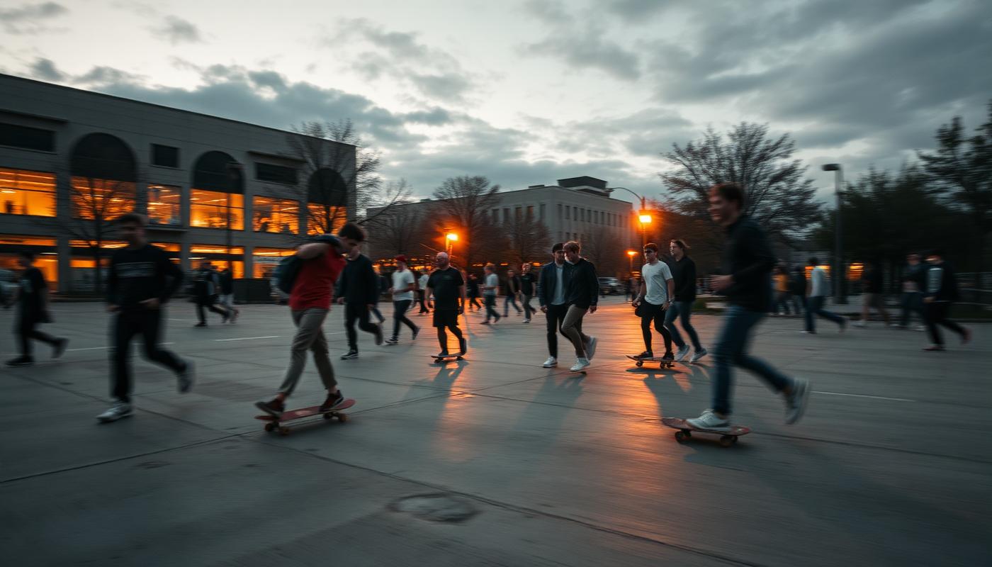 Young people skating and walking across a concrete plaza at dusk