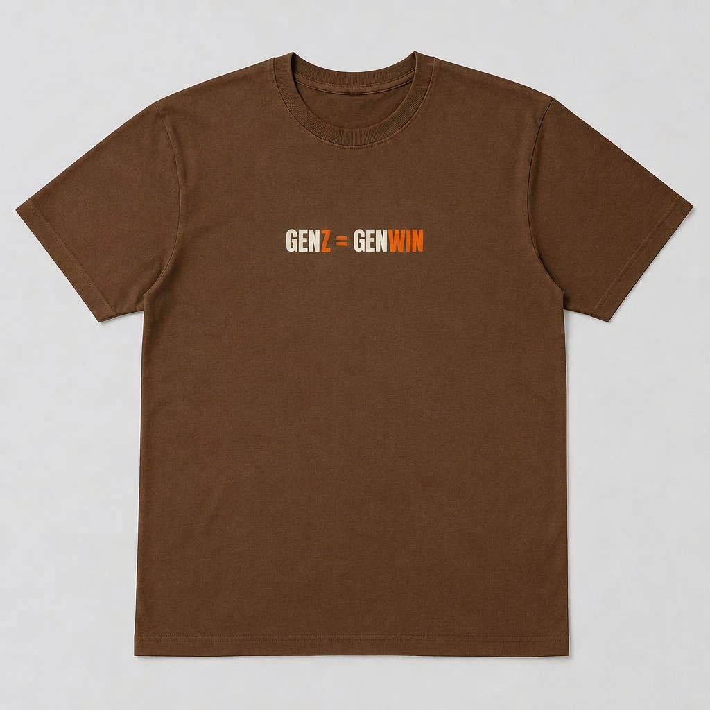 Brown GenWin tee printed with GENZ = GENWIN