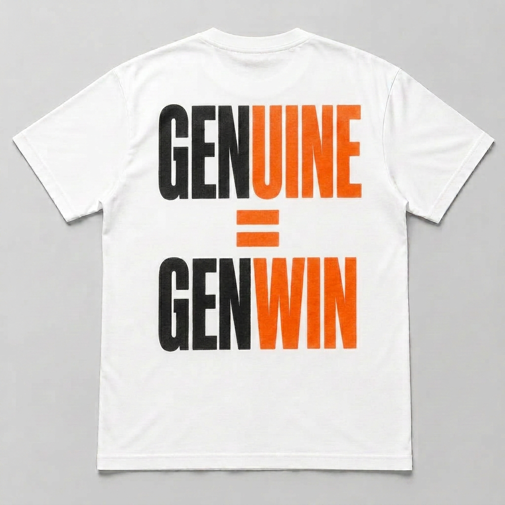 White GenWin tee printed with GENUINE = GENWIN